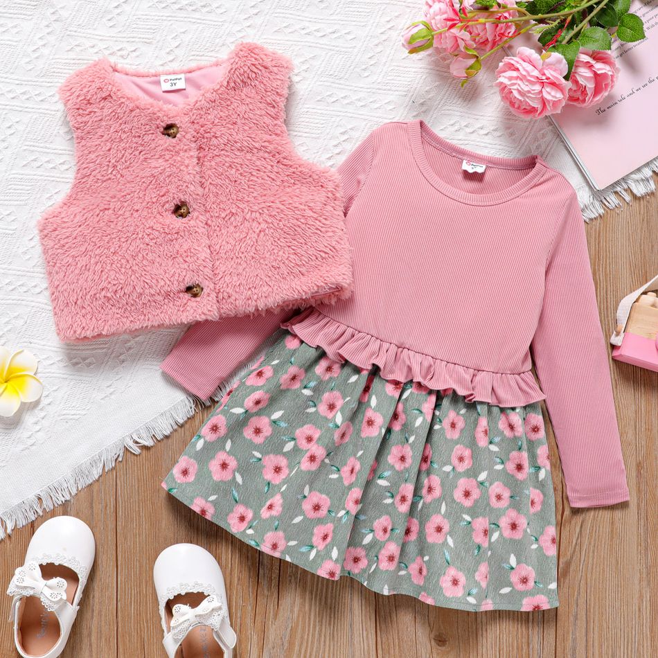 2pcs Toddler Girl Faux-two Floral Print Splice Dress and Fuzzy Fleece Vest Set Pink big image 1