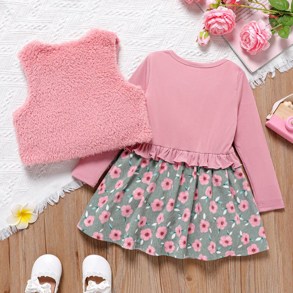 2pcs Toddler Girl Faux-two Floral Print Splice Dress and Fuzzy Fleece Vest Set Pink big image 2