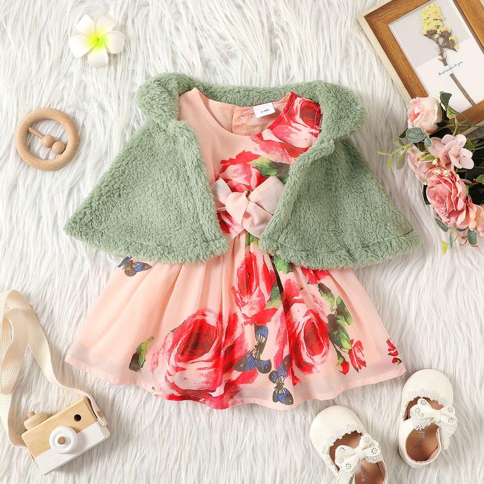 2pcs Baby Girl Thermal Fuzzy Cloak and Allover Floral Print Belted Tank Dress Set Pink big image 2