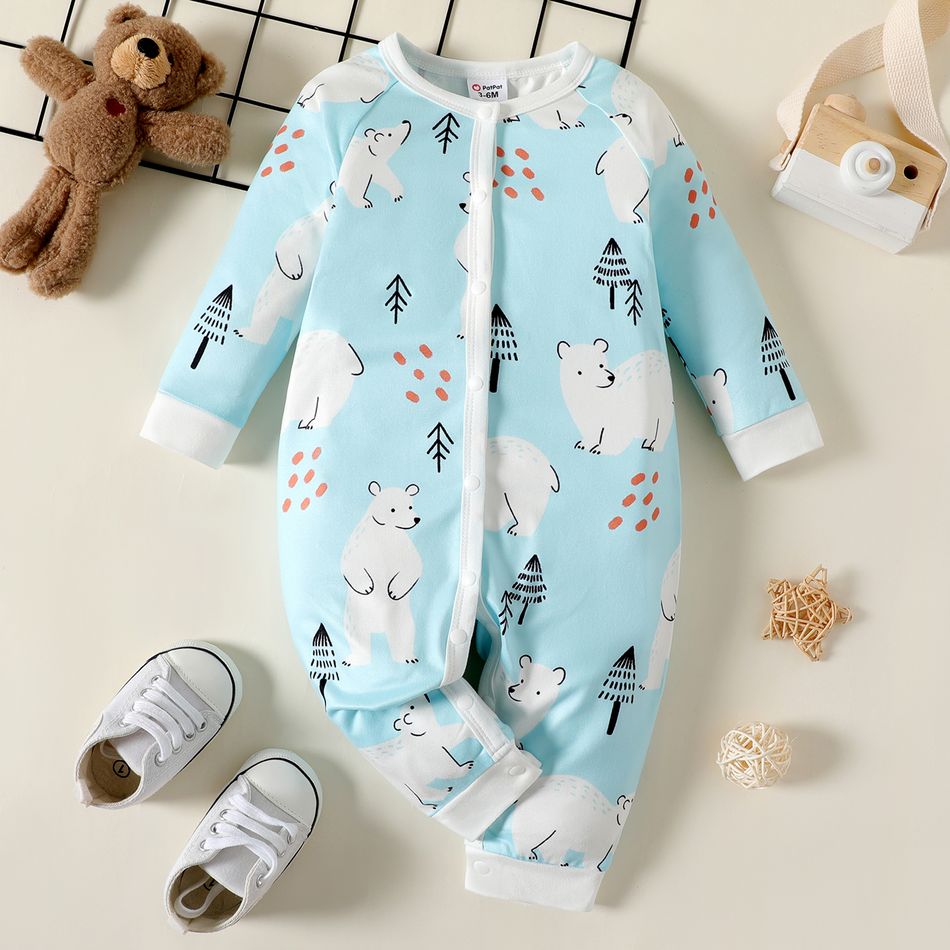 Baby Boy Allover Bear Print Blue Long-sleeve Button Jumpsuit Light Blue big image 1