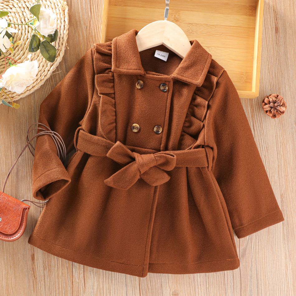 Toddler Girl Elegant Ruffled Double Breasted Corduroy Trench Coat Brown big image 1