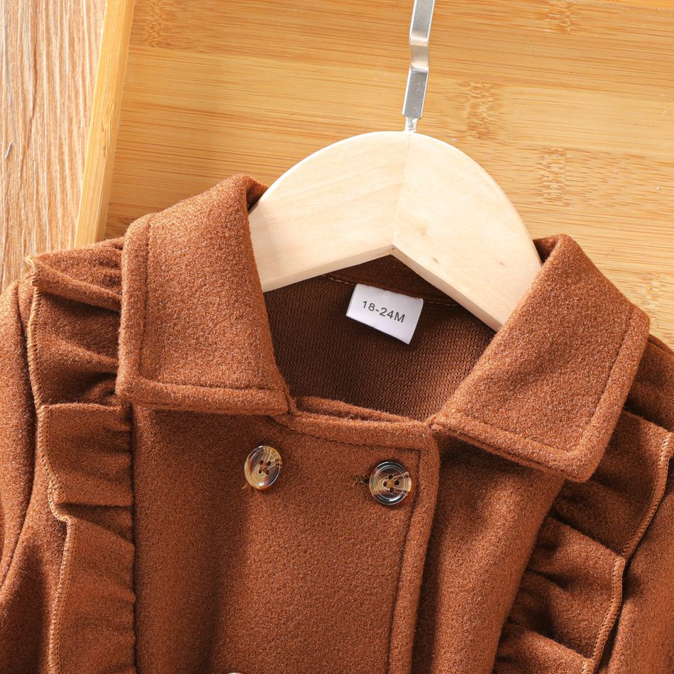 Toddler Girl Elegant Ruffled Double Breasted Corduroy Trench Coat Brown big image 5