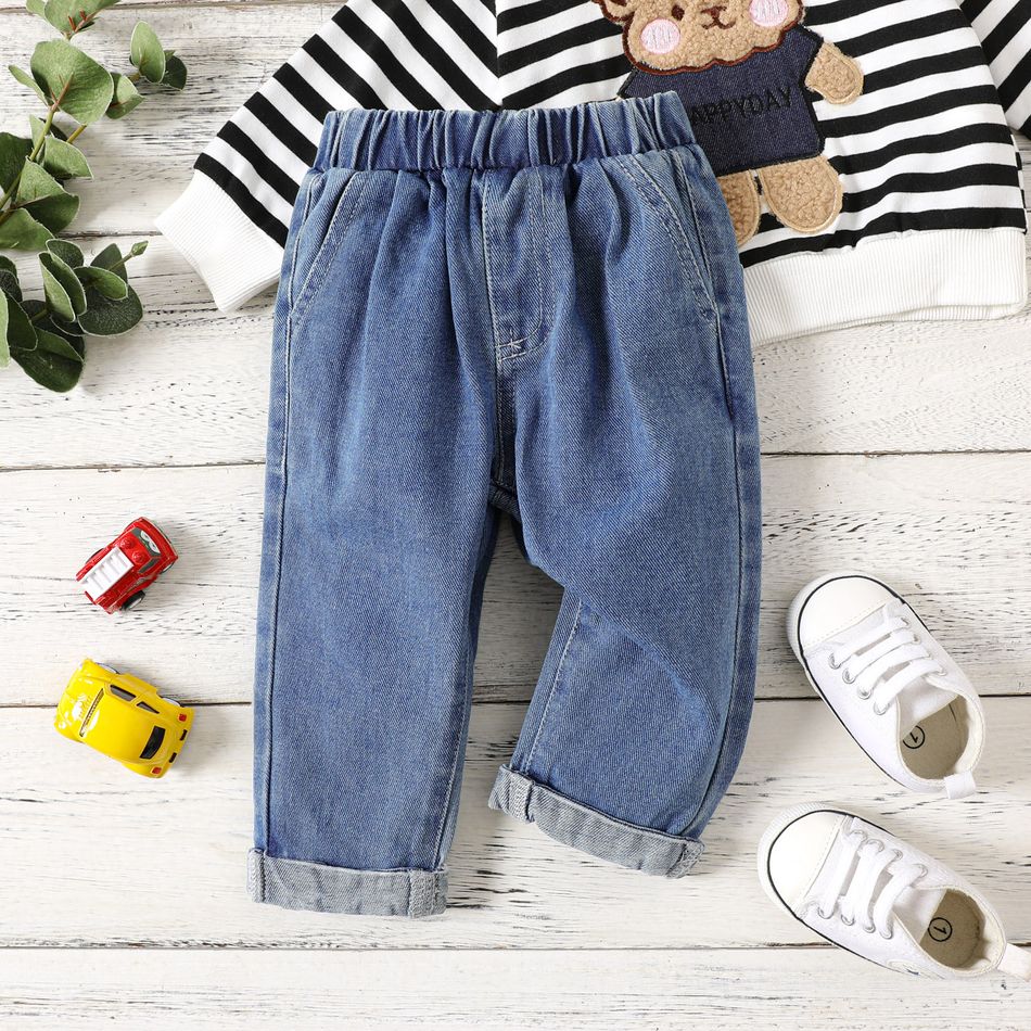 Baby Boy Letter Embroidered Jeans with Pockets Blue big image 2