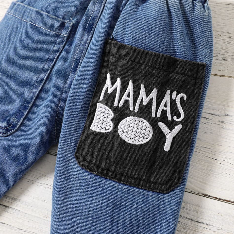 Baby Boy Letter Embroidered Jeans with Pockets Blue big image 3