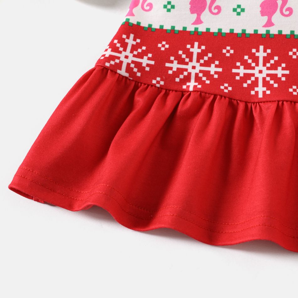 Barbie Toddler Girl Christmas Grass-green Ruffle Hem Long-sleeve Dress Red big image 5
