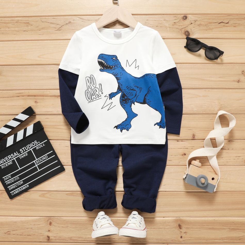 2pcs Toddler Boy Faux-two Dinosaur Print Long-sleeve Tee and Elasticized Pants Set Tibetanbluewhite big image 1