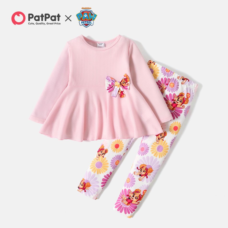 PAW Patrol 2pcs Toddler Girl Bowknot Design Waffle Tee and Floral Print Leggings Set Pink big image 1