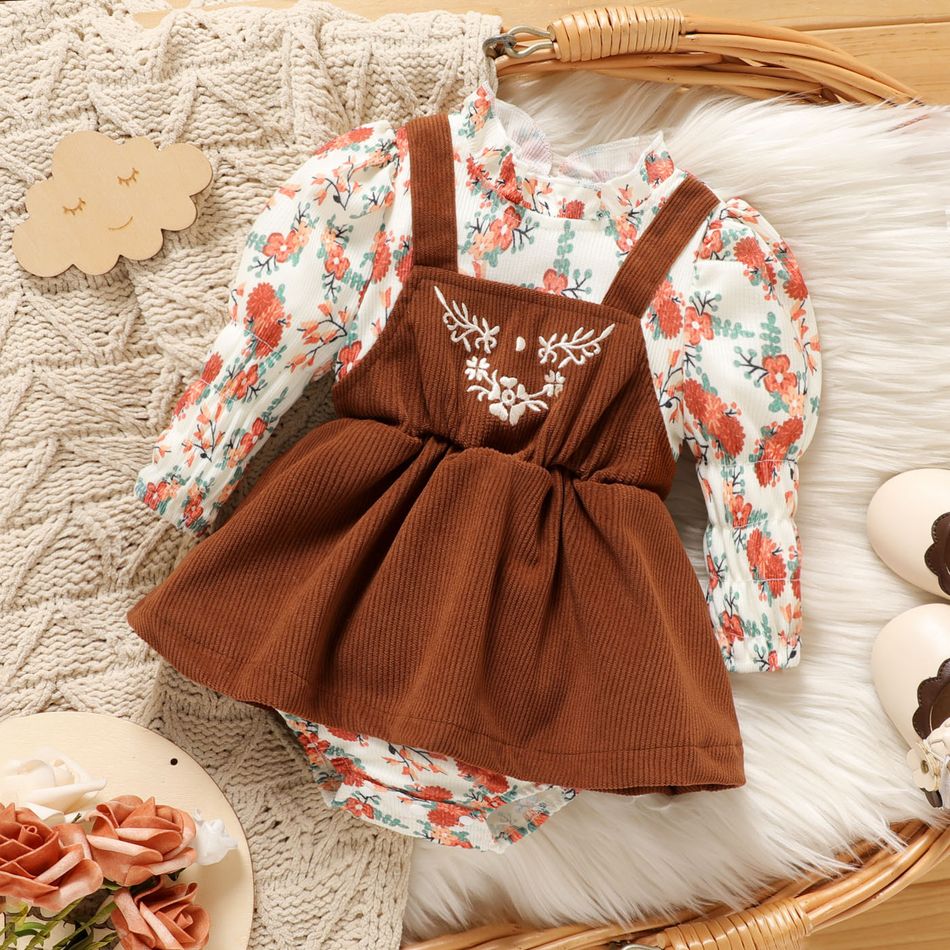 Baby Girl Long-sleeve Floral Print Spliced Dress/Romper Brown