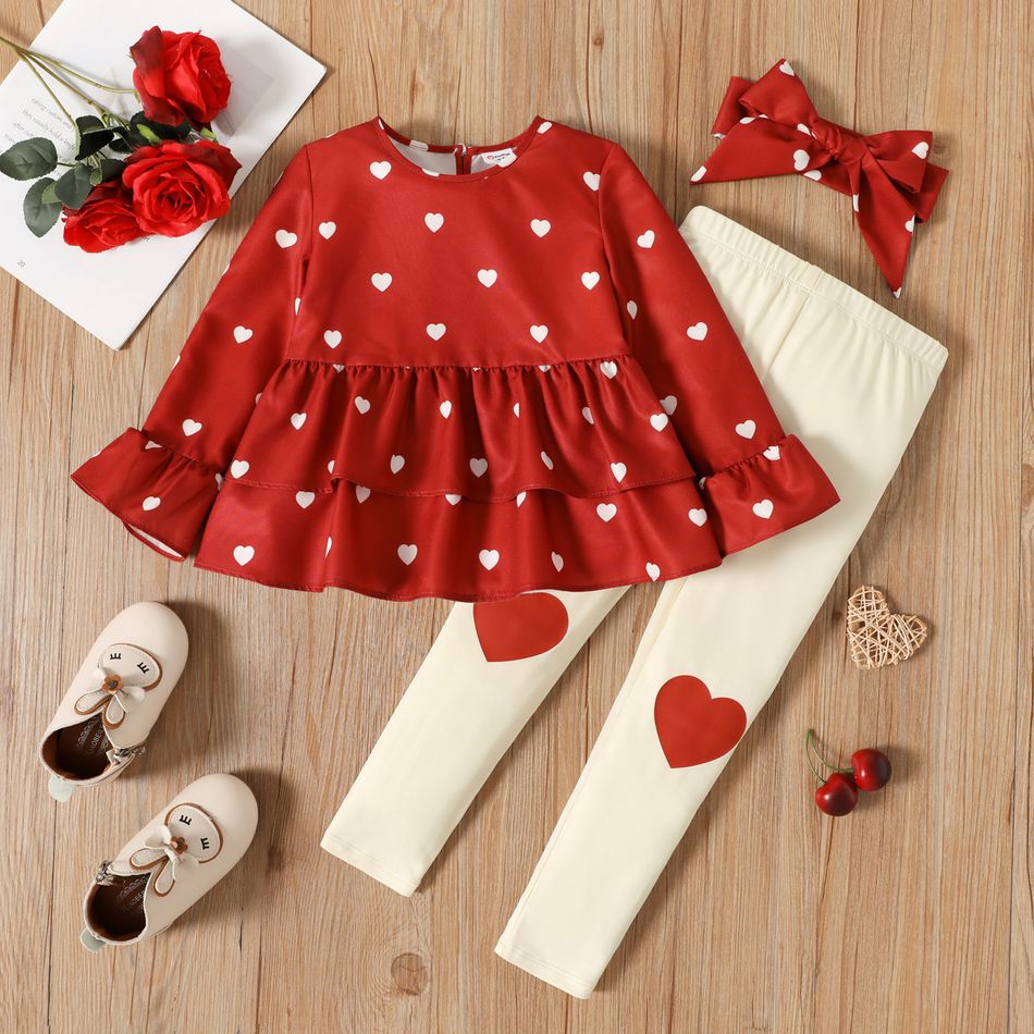 2pcs Toddler Girl Heart Print Ruffle Long-sleeve Red Blouse and Elasticized Leggings Set Red-2 big image 1
