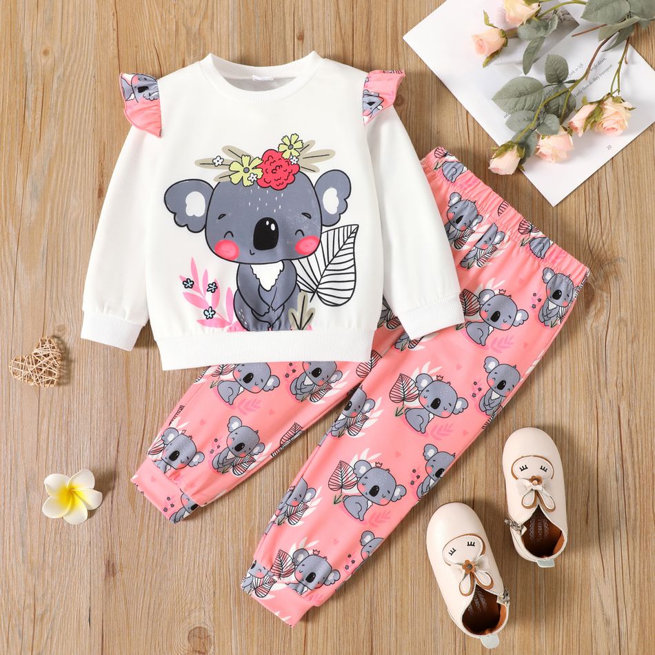 2pcs Toddler Girl Elephant Floral Print Ruffled Sweatshirt and Elasticized Pants Set PinkyWhite big image 1