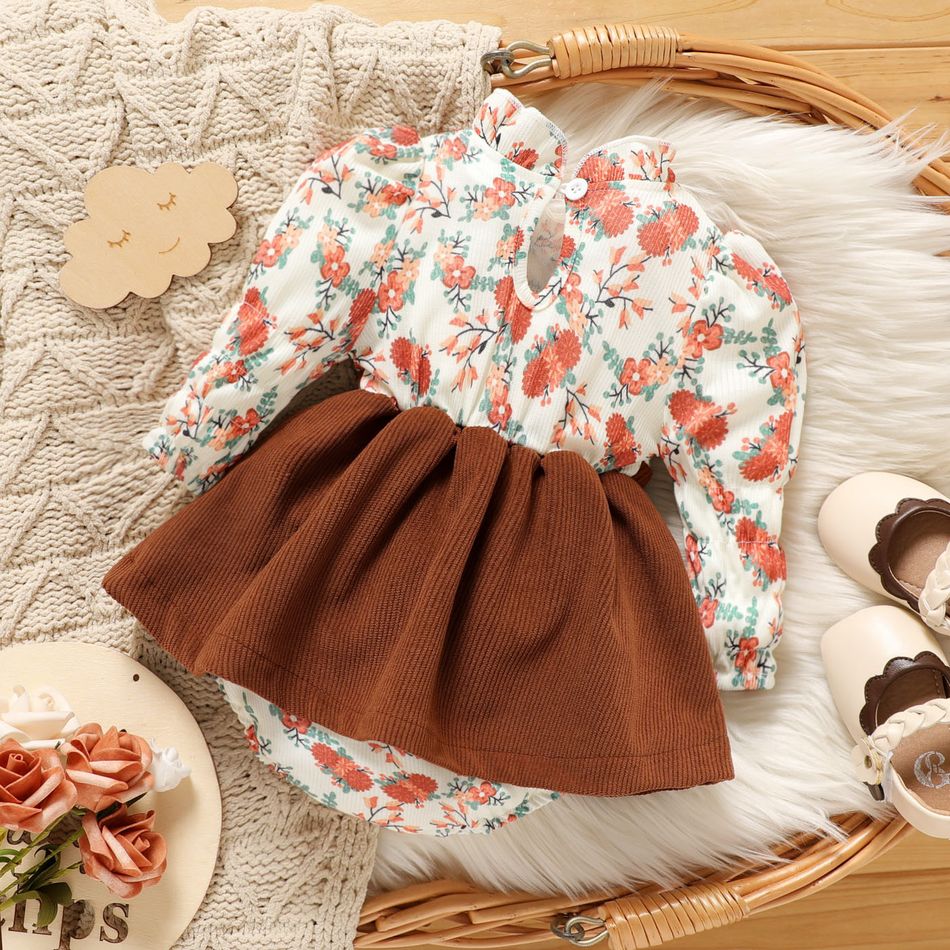 Baby Girl Long-sleeve Floral Print Spliced Dress/Romper Brown big image 3