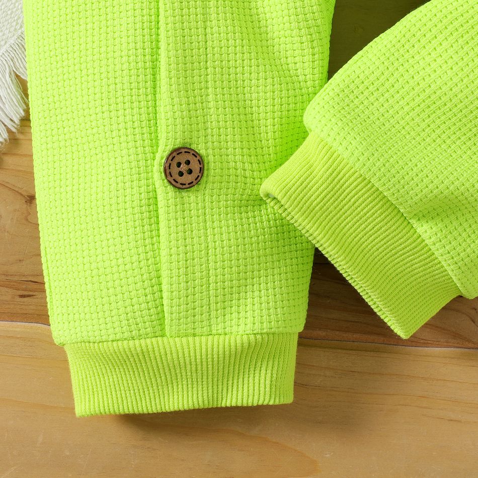 Baby Boy/Girl Bear Graphic Fluorescent Color Waffle Hooded Long-sleeve Button Jumpsuit LUMINOUSYELLOW