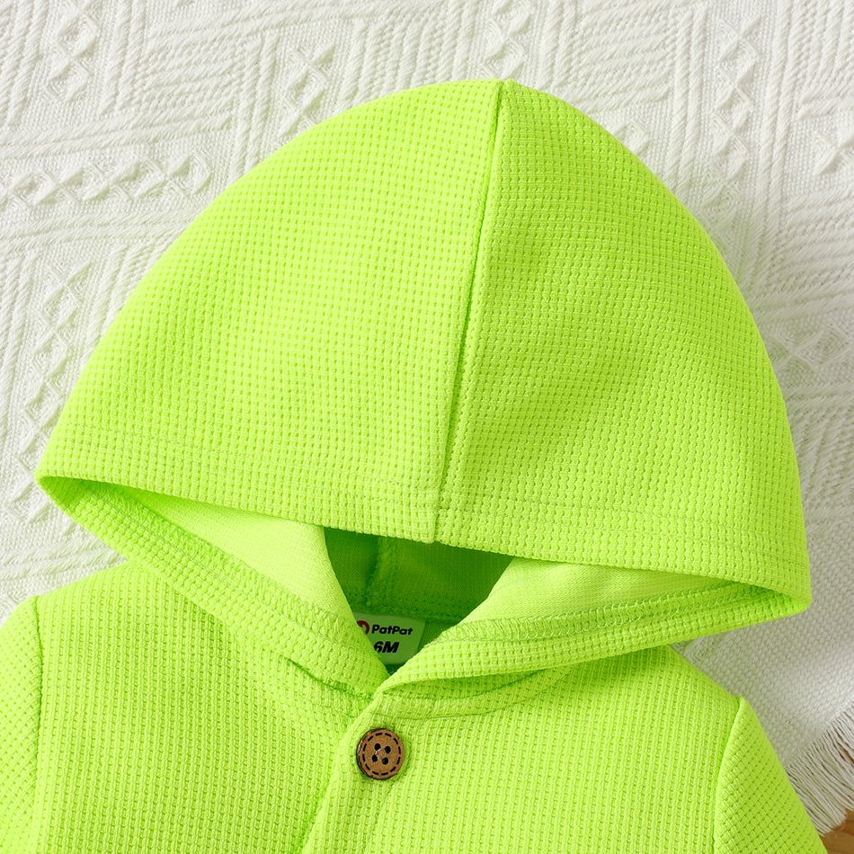 Baby Boy/Girl Bear Graphic Fluorescent Color Waffle Hooded Long-sleeve Button Jumpsuit LUMINOUSYELLOW big image 4