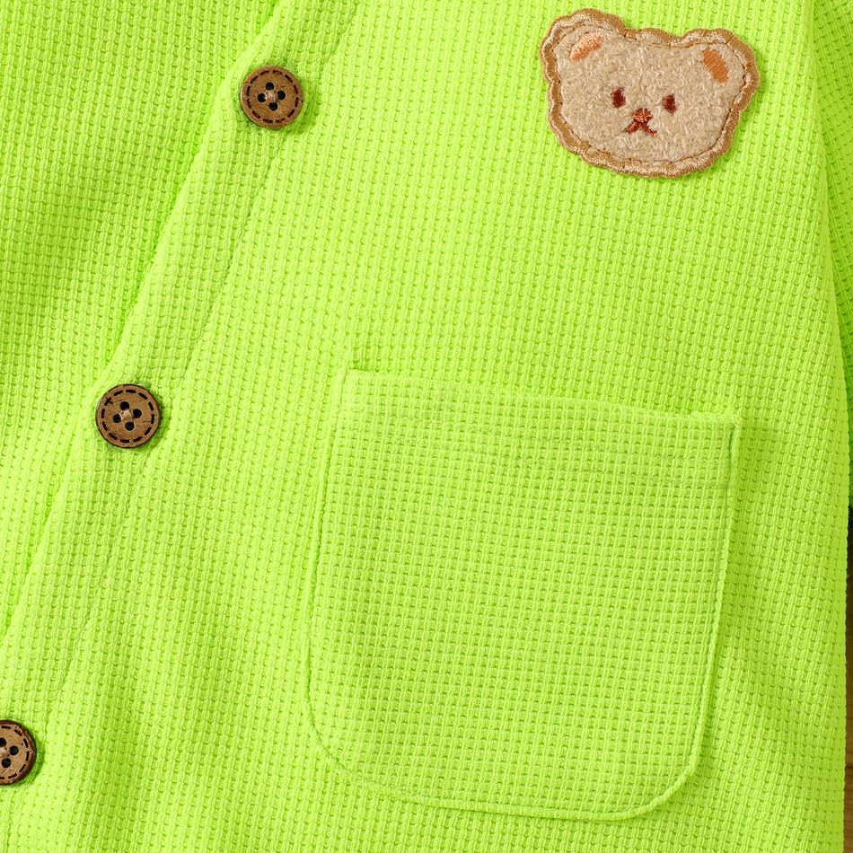 Baby Boy/Girl Bear Graphic Fluorescent Color Waffle Hooded Long-sleeve Button Jumpsuit LUMINOUSYELLOW big image 5
