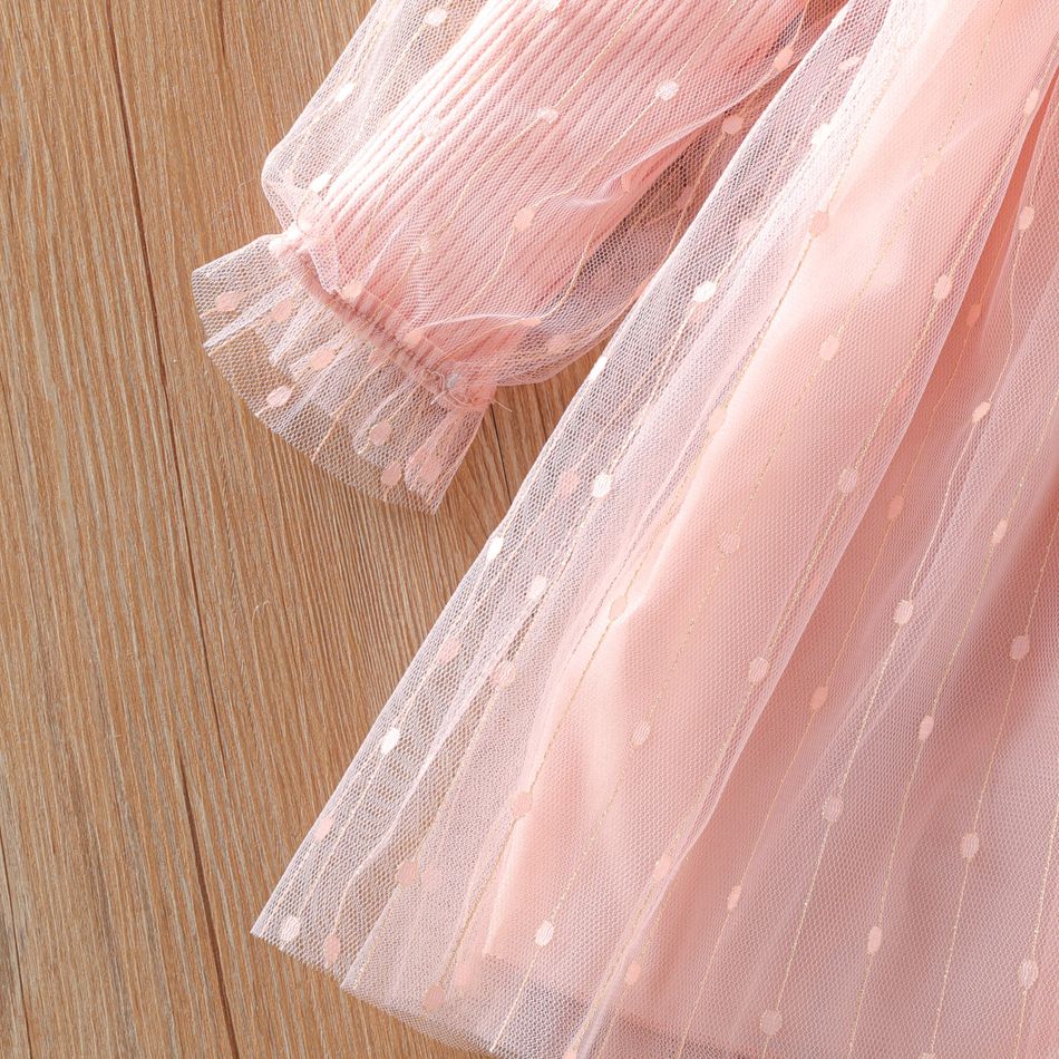 طفلة صغيرة حلوة منقطة تصميم فستان وردي طويل الأكمام زهري big image 3