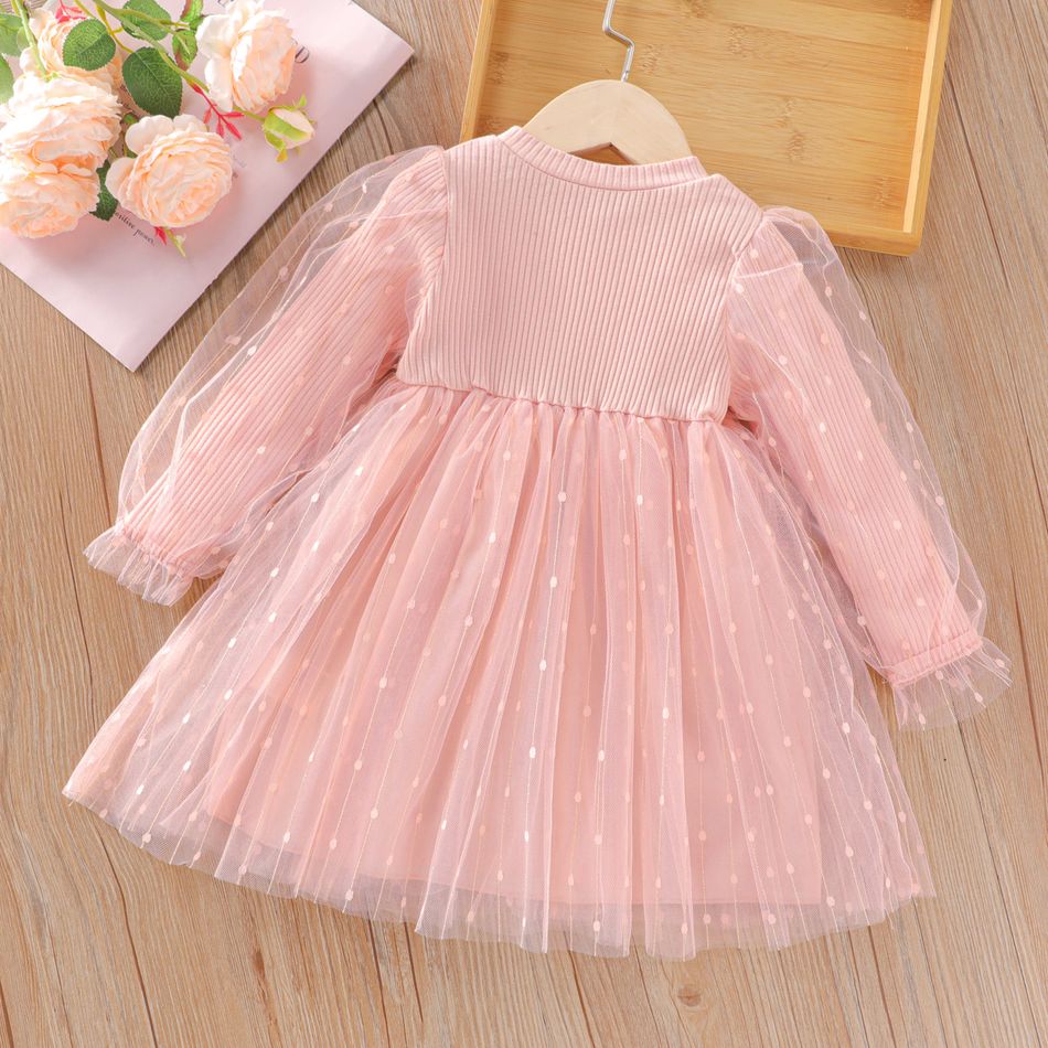 Toddler Girl Sweet Polka dots Mesh Design Long-sleeve Pink Dress Pink big image 2