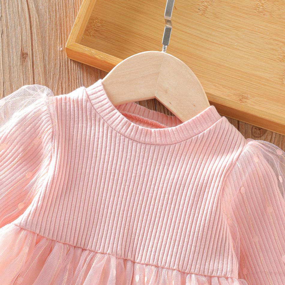 Toddler Girl Sweet Polka dots Mesh Design Long-sleeve Pink Dress Pink big image 4