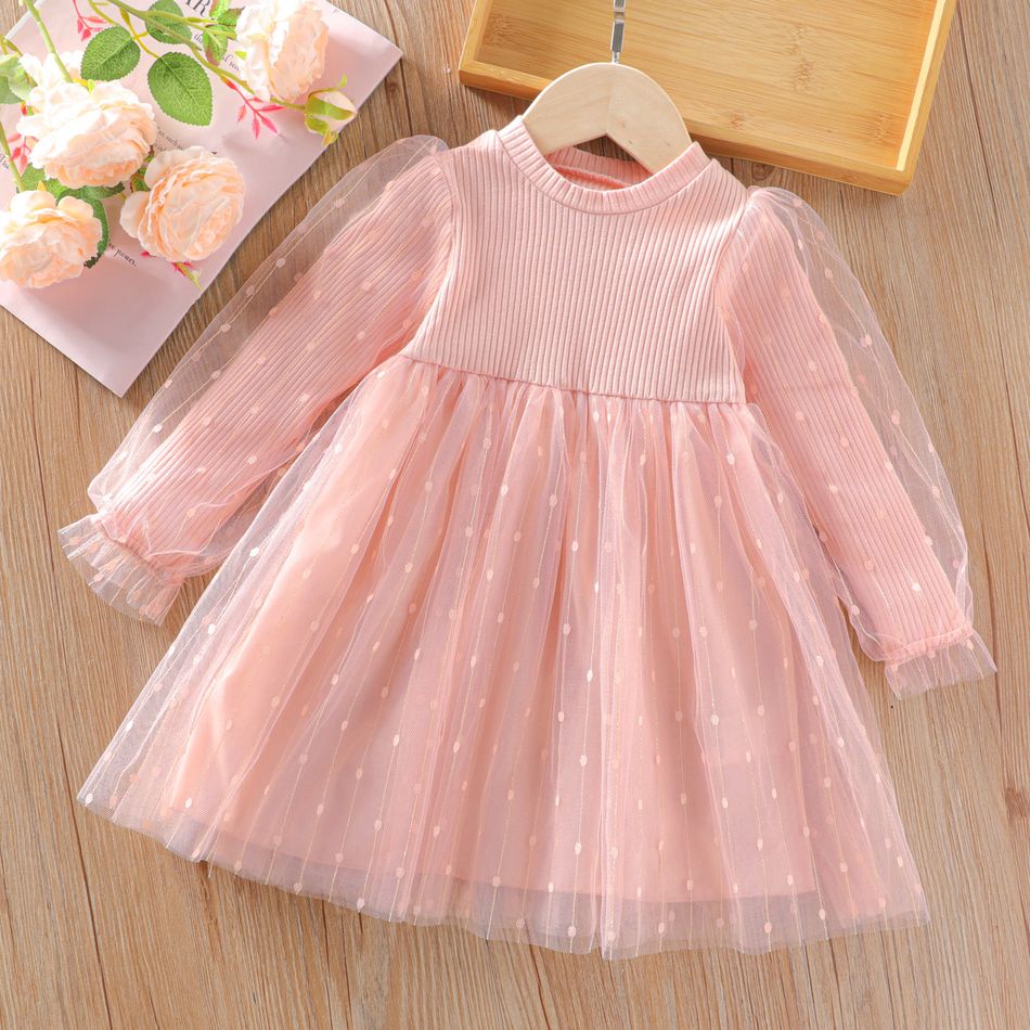 Toddler Girl Sweet Polka dots Mesh Design Long-sleeve Pink Dress Pink