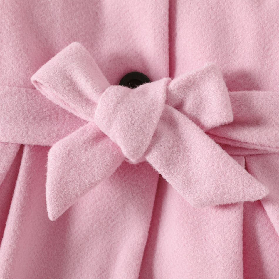 Toddler Girl Sweet Lapel Collar Button Design Belted Pleated Pink Blend Coat Pink big image 4