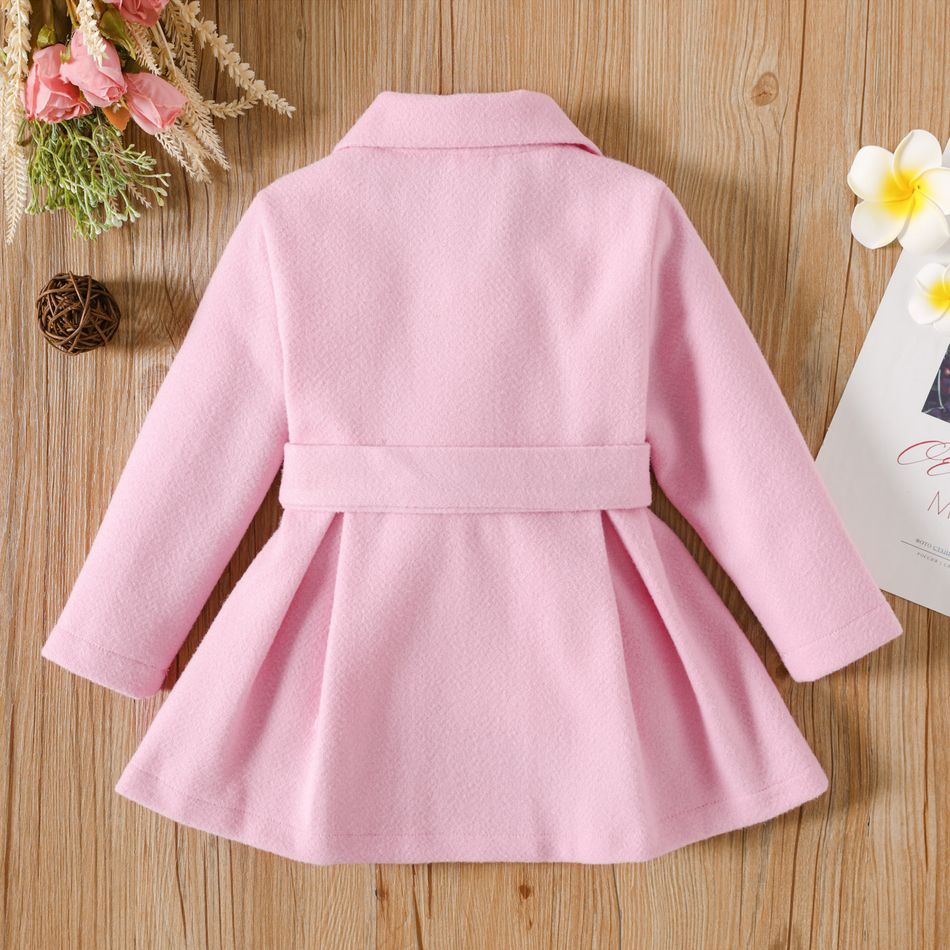 Toddler Girl Sweet Lapel Collar Button Design Belted Pleated Pink Blend Coat Pink big image 2