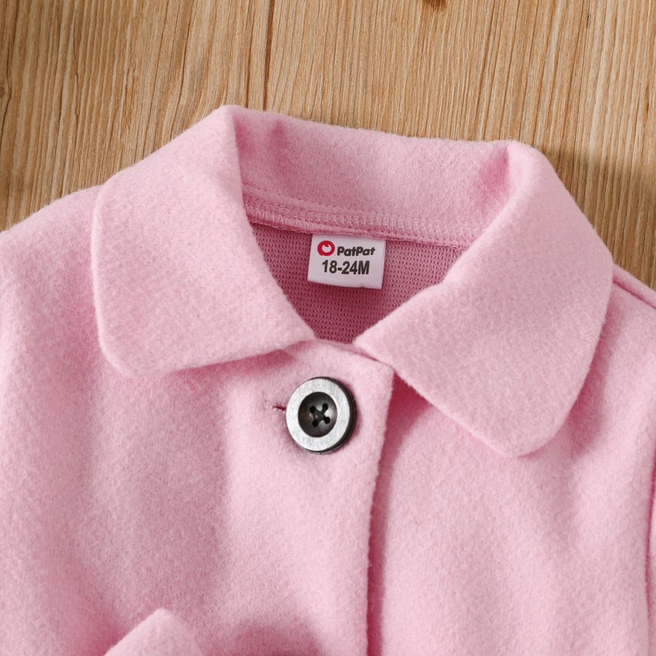 Toddler Girl Sweet Lapel Collar Button Design Belted Pleated Pink Blend Coat Pink big image 5