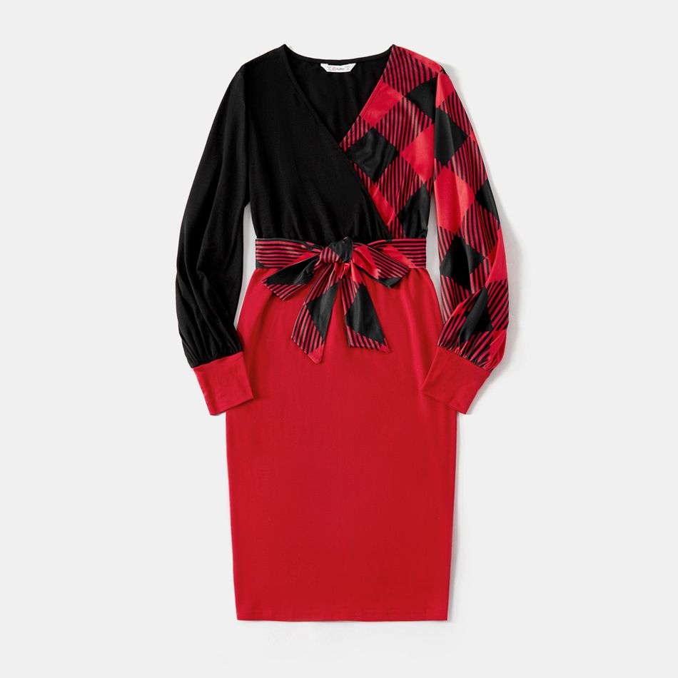Christmas Family Matching Red Plaid Colorblock V Neck Belted Bodycon Dresses and Long-sleeve Button Shirts Sets redblack big image 3