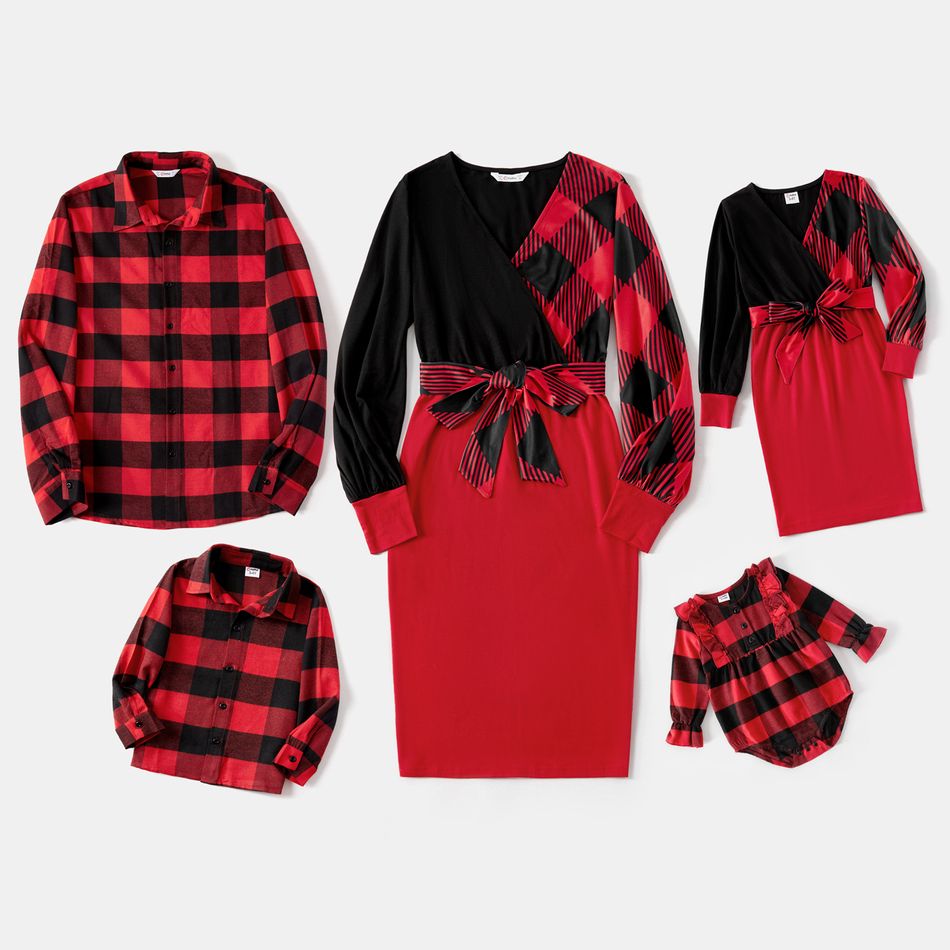 Christmas Family Matching Red Plaid Colorblock V Neck Belted Bodycon Dresses and Long-sleeve Button Shirts Sets redblack big image 2