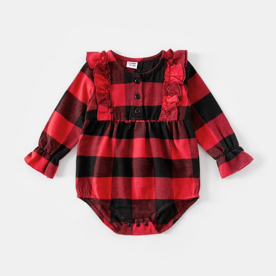 Christmas Family Matching Red Plaid Colorblock V Neck Belted Bodycon Dresses and Long-sleeve Button Shirts Sets redblack big image 11