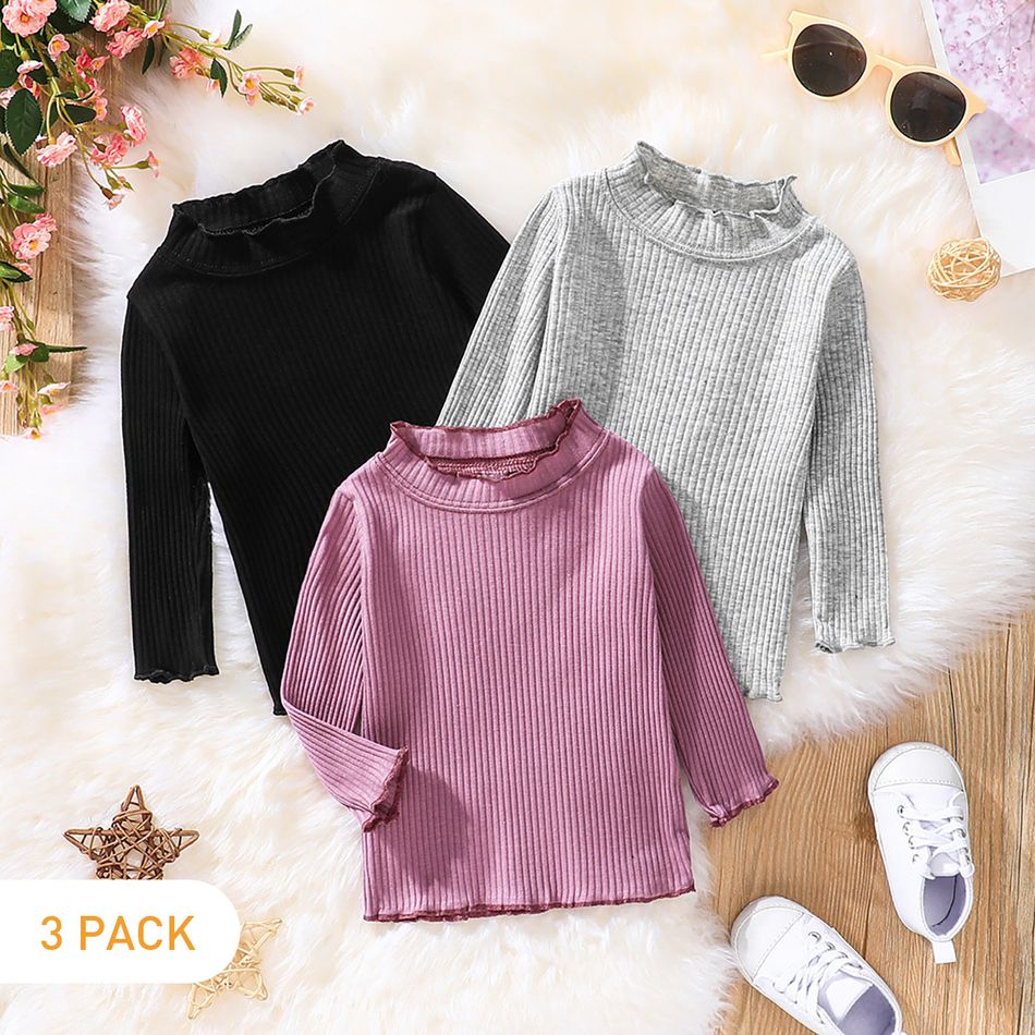 3-Pack Baby Girl 95% Cotton Rib Knit Solid Mock Neck Long-sleeve Tops Set Multi-color big image 1