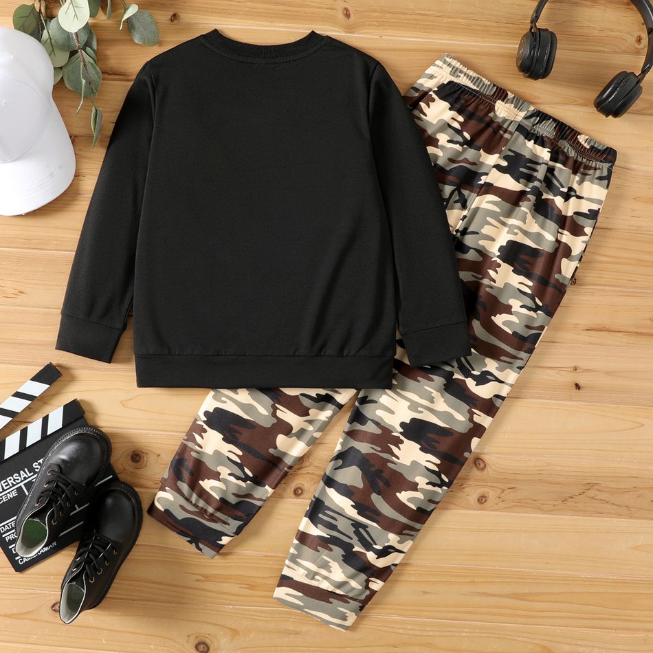 2pcs Kid Boy Leopard Print Pocket Design Sweatshirt and Elasticized Pants Set Black big image 2