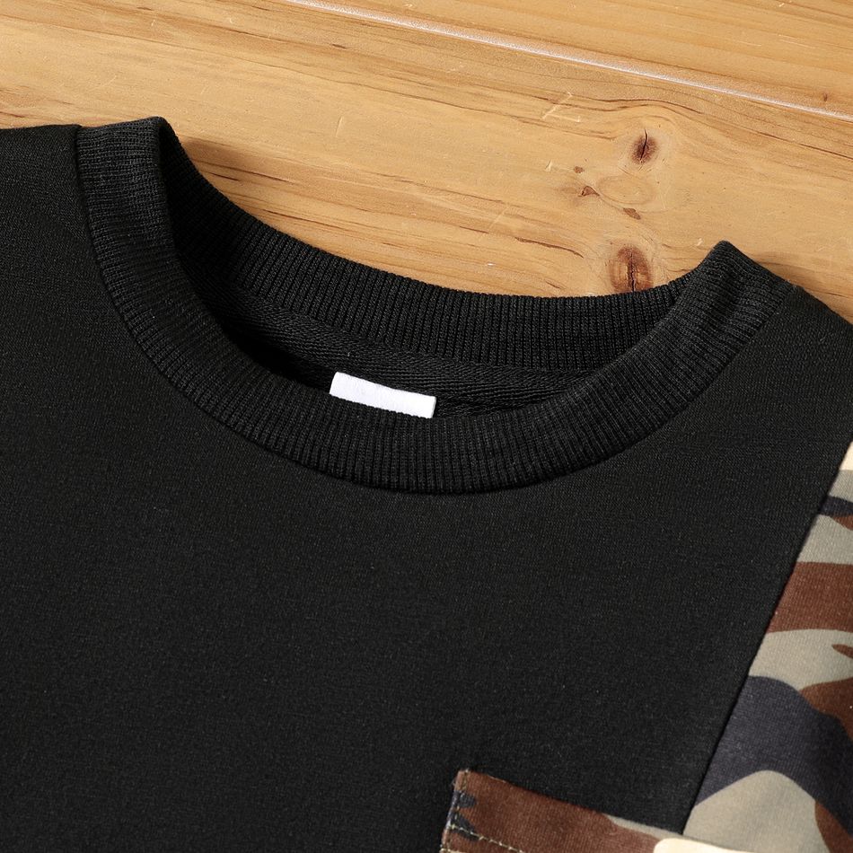 2pcs Kid Boy Leopard Print Pocket Design Sweatshirt and Elasticized Pants Set Black big image 3