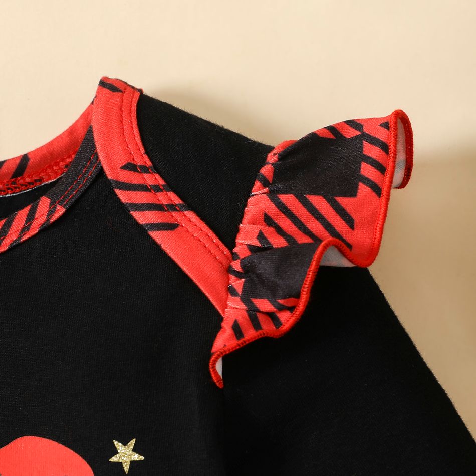 Christmas Baby Girl 95% Cotton Long-sleeve Gingerbread Man & Letter Print Red Plaid Ruffle Trim Jumpsuit redblack big image 3
