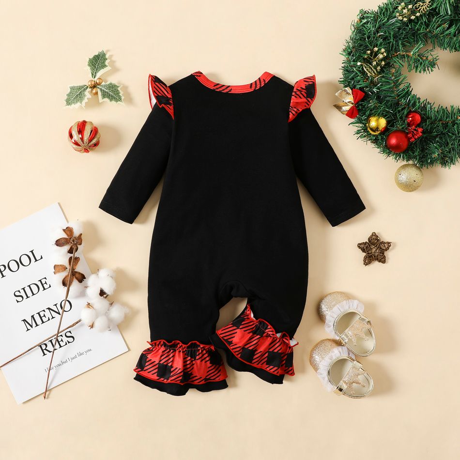 Christmas Baby Girl 95% Cotton Long-sleeve Gingerbread Man & Letter Print Red Plaid Ruffle Trim Jumpsuit redblack big image 2