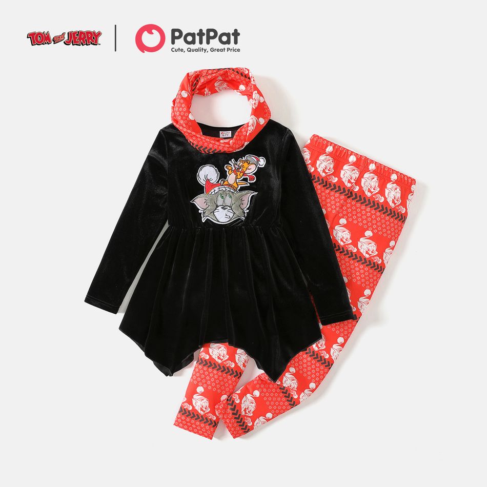 Tom and Jerry 2pcs Kid Girl Christmas Embroidered Velvet Long-sleeve Tee & Allover Print Leggings and Scarf Set Black big image 1