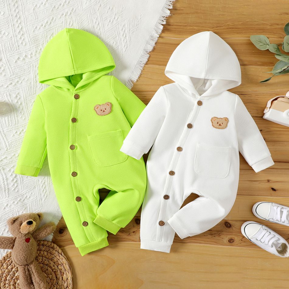 Baby Boy/Girl Bear Graphic Fluorescent Color Waffle Hooded Long-sleeve Button Jumpsuit LUMINOUSYELLOW big image 2