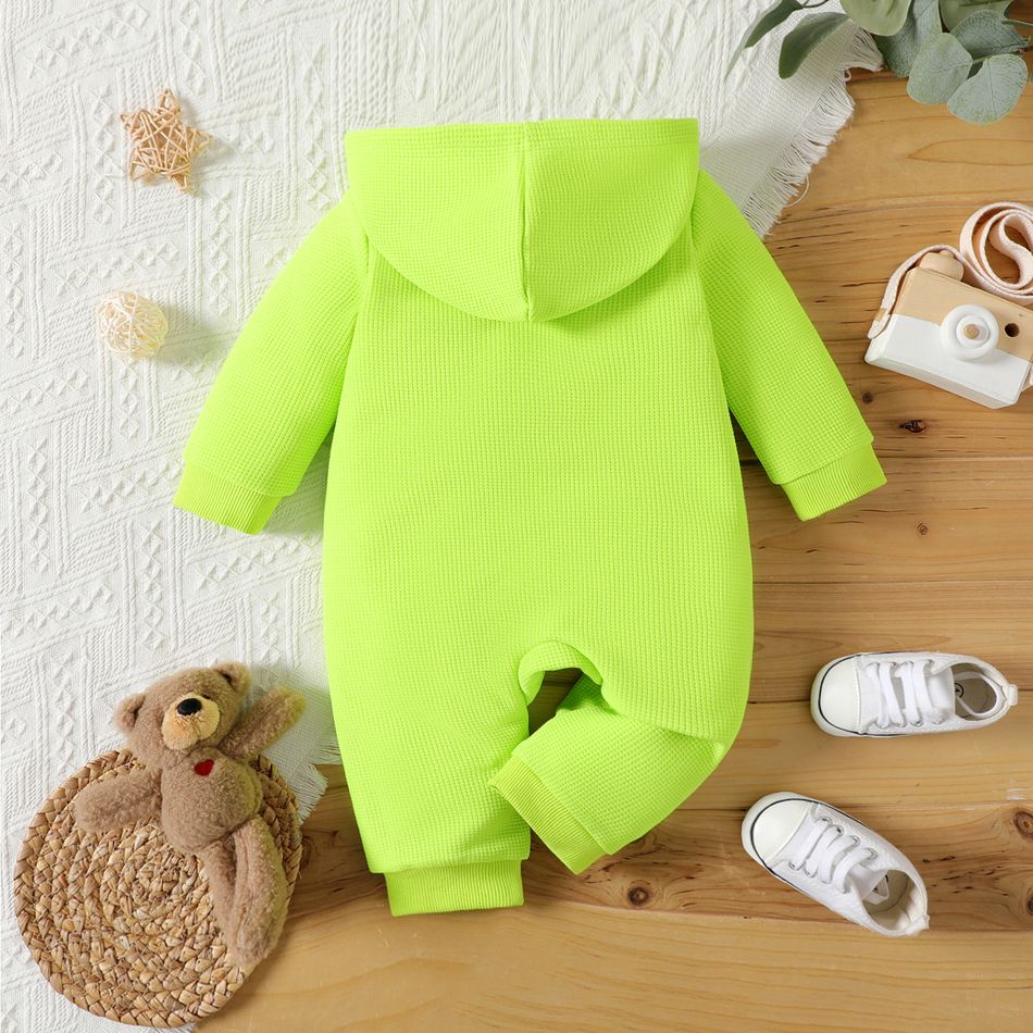 Baby Boy/Girl Bear Graphic Fluorescent Color Waffle Hooded Long-sleeve Button Jumpsuit LUMINOUSYELLOW big image 3