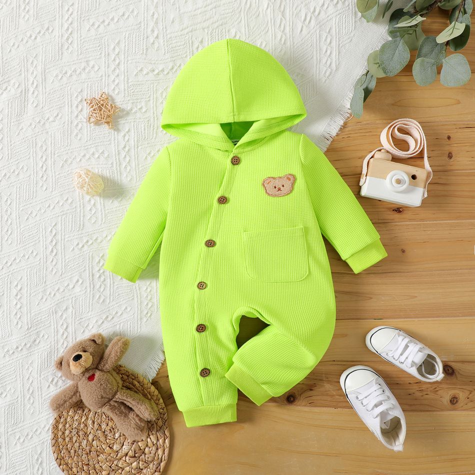 Baby Boy/Girl Bear Graphic Fluorescent Color Waffle Hooded Long-sleeve Button Jumpsuit LUMINOUSYELLOW