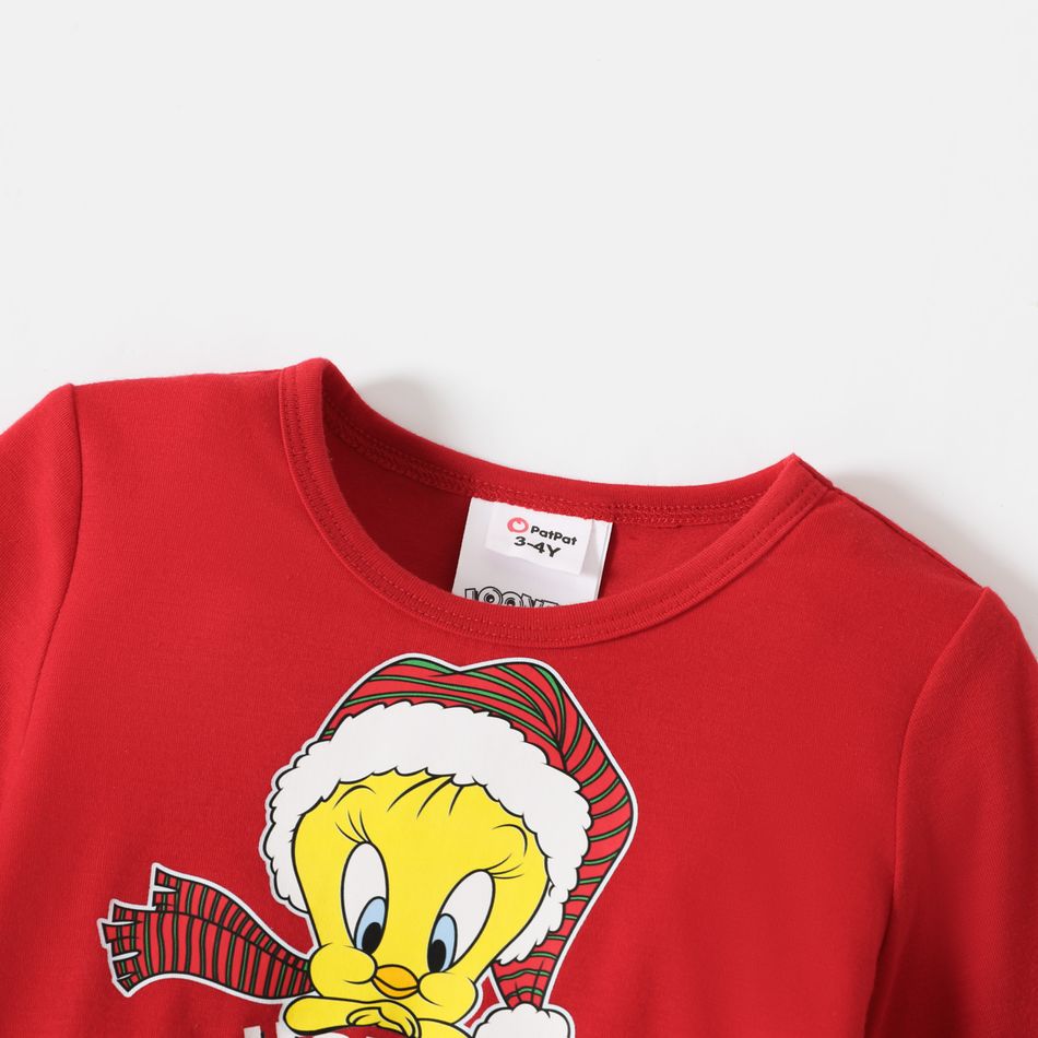 Looney Tunes Toddler Girl Christmas Tweety Print Mesh Splice Long-sleeve Red Dress Red-2 big image 3