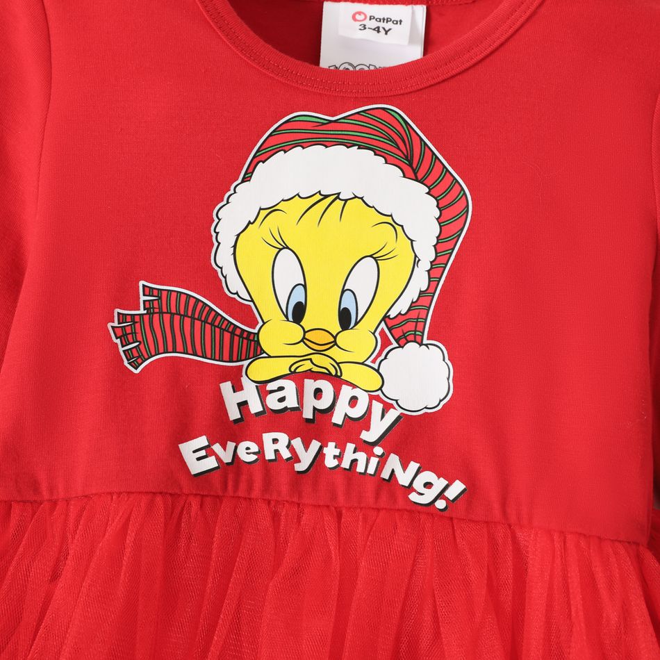 Looney Tunes Toddler Girl Christmas Tweety Print Mesh Splice Long-sleeve Red Dress Red-2 big image 4