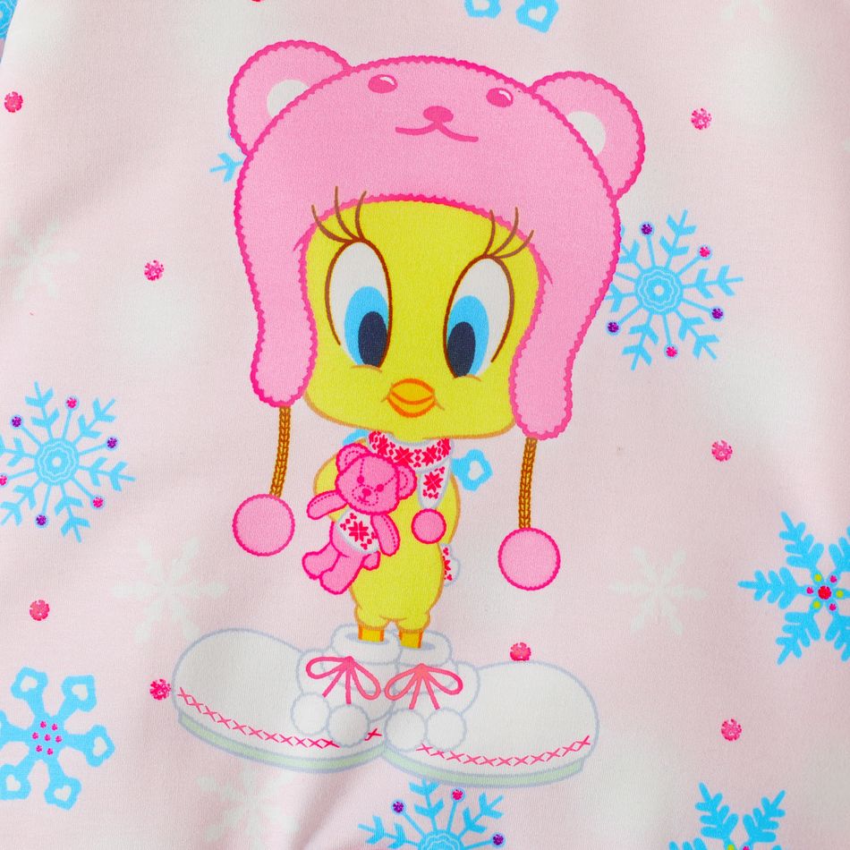 Looney Tunes Baby Girl Christmas Snowflake Print Animal Graphic Bow Front Hooded Long-sleeve Jumpsuit Light Pink big image 4