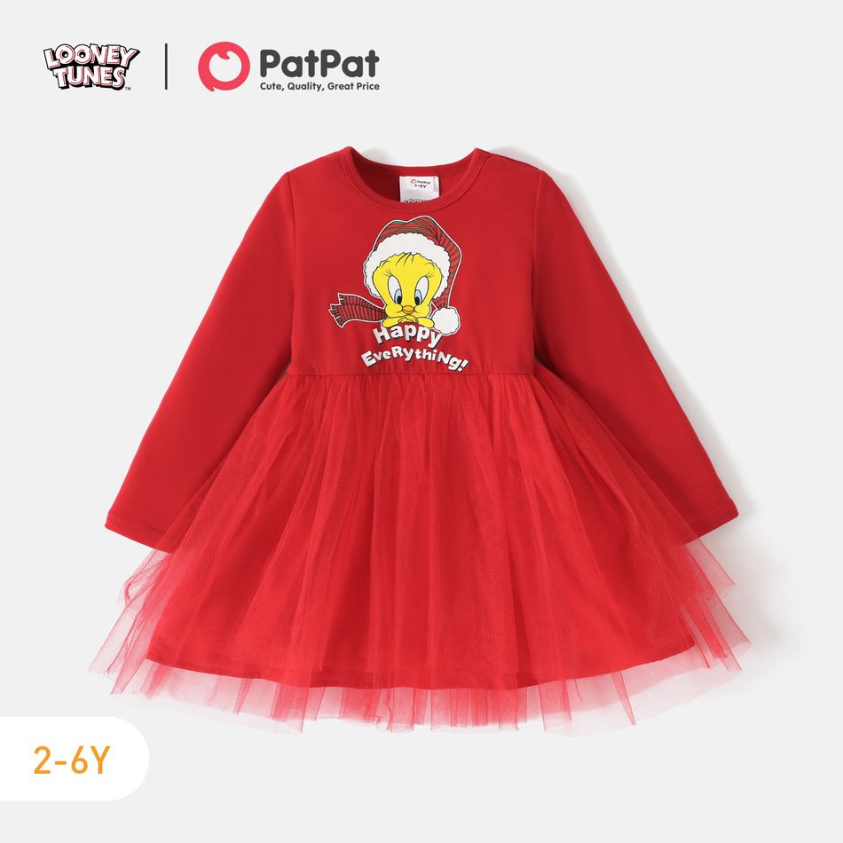 Looney Tunes Toddler Girl Christmas Tweety Print Mesh Splice Long-sleeve Red Dress Red-2