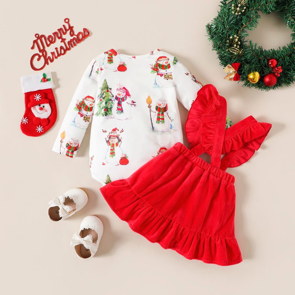 Christmas 2pcs Baby Girl Allover Snowman Print Long-sleeve Romper and Red Thickened Fleece Ruffle Suspender Skirt Set Burgundy big image 2