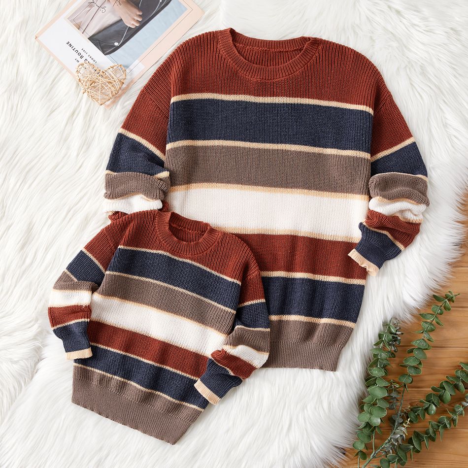 Mommy and Me Colorblock Striped Knitted Drop Shoulder Long-sleeve Sweater Multi-color