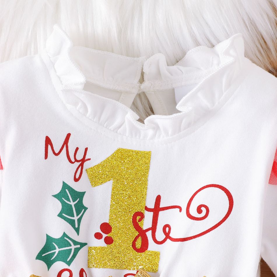 Christmas 2pcs Baby Girl 95% Cotton Frill Trim Mock Neck Long-sleeve Letter Print Bow Front Mesh Dress with Headband Set White big image 8
