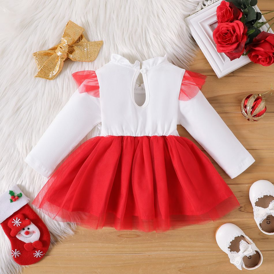 Christmas 2pcs Baby Girl 95% Cotton Frill Trim Mock Neck Long-sleeve Letter Print Bow Front Mesh Dress with Headband Set White big image 2