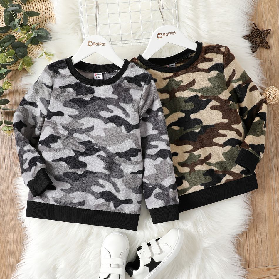 Kid Boy Camouflage Print Fleece Pullover Sweatshirt Brown big image 2