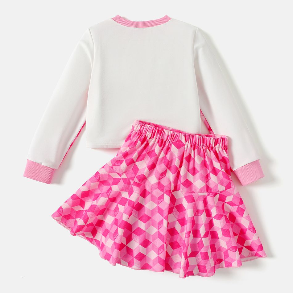 Barbie 2pcs Kid Girl Plaid Colorblock Sweatshirt and Bowknot Design Skirt Set White big image 2