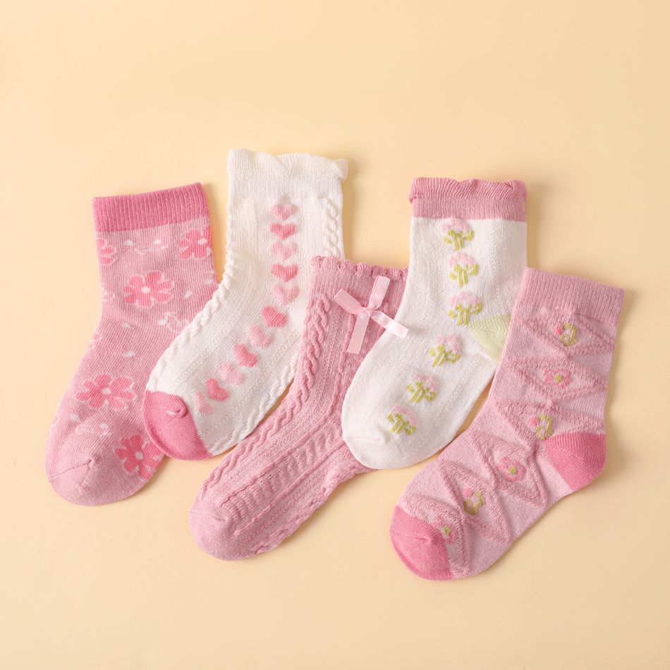 Conjunto de 5 pares de meias de decoração de laço com estampa floral para bebê / criança Multicolorido big image 1