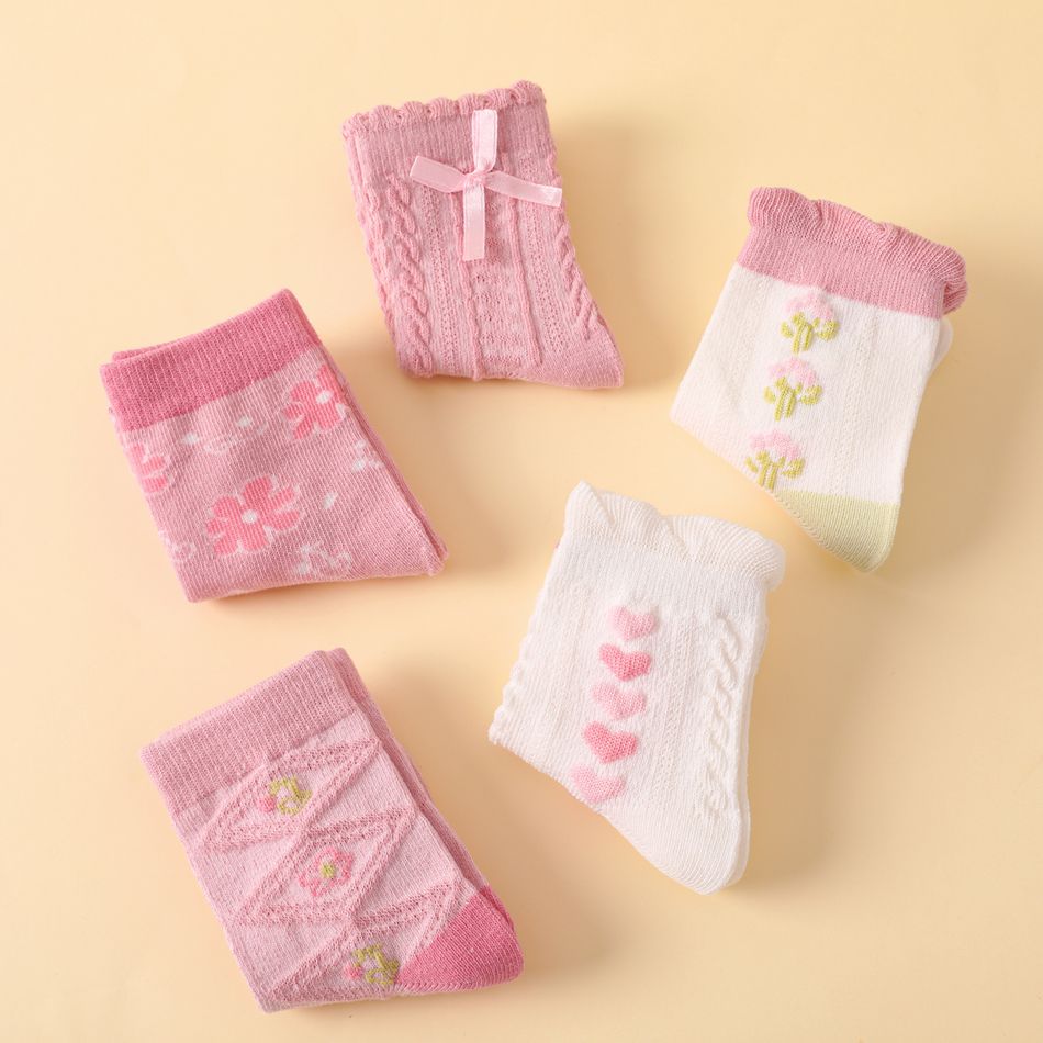 Conjunto de 5 pares de meias de decoração de laço com estampa floral para bebê / criança Multicolorido big image 7