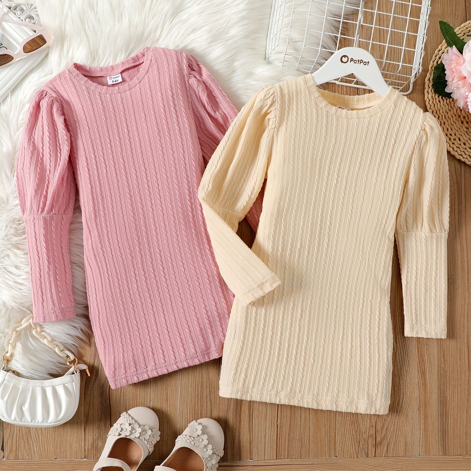 Kid Girl Solid Color Textured Long Puff-sleeve Dress Pink big image 2